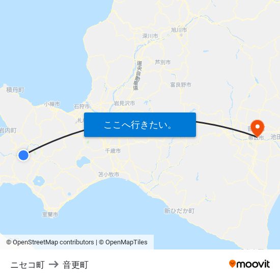 ニセコ町 to 音更町 map
