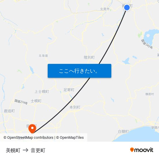 美幌町 to 音更町 map