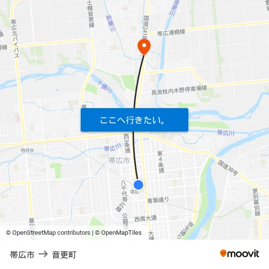 帯広市 to 音更町 map