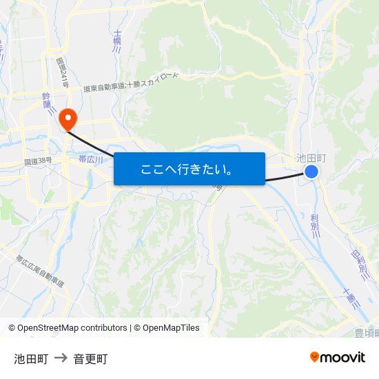 池田町 to 音更町 map