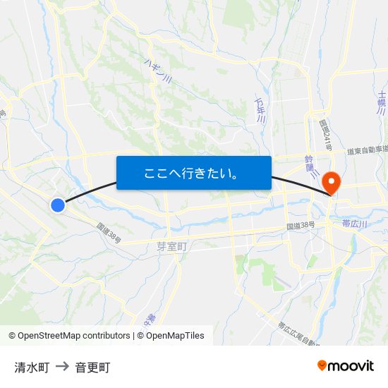 清水町 to 音更町 map
