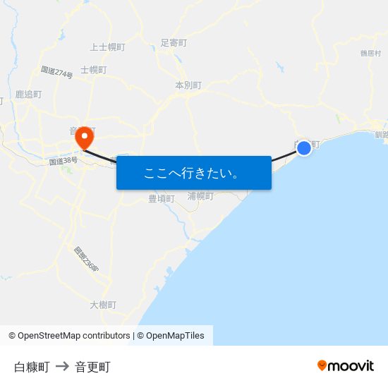 白糠町 to 音更町 map