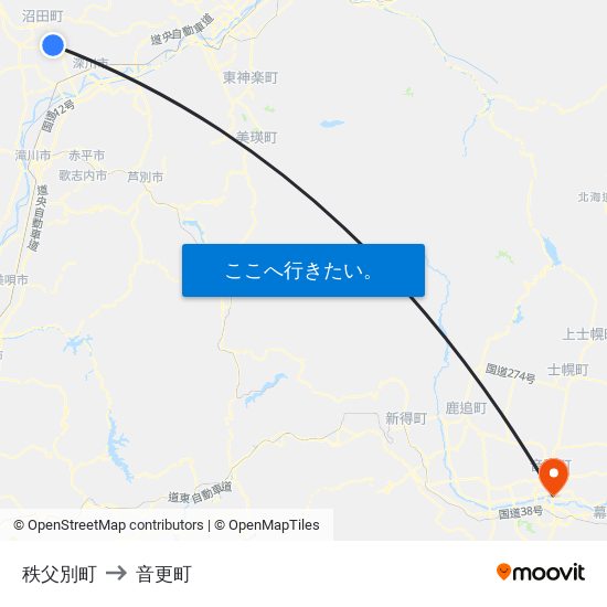 秩父別町 to 音更町 map