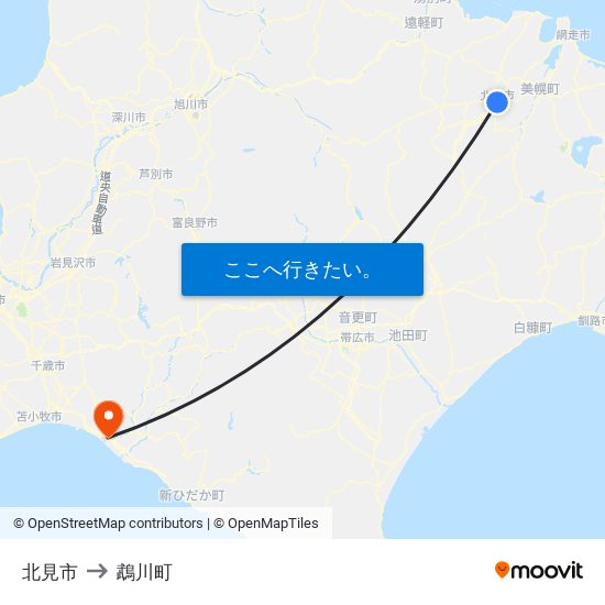 北見市 to 鵡川町 map