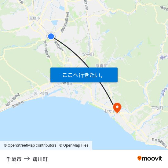 千歳市 to 鵡川町 map