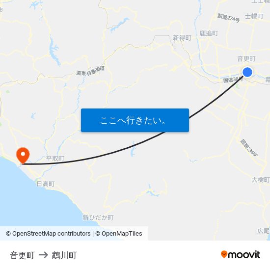 音更町 to 鵡川町 map
