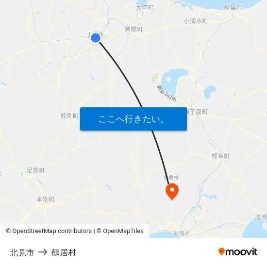 北見市 to 鶴居村 map