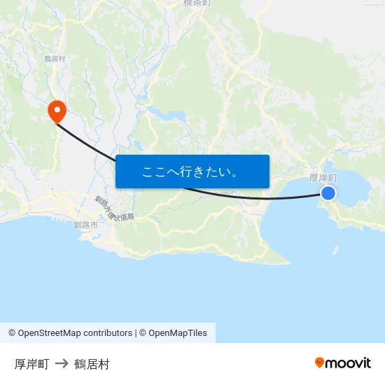 厚岸町 to 鶴居村 map