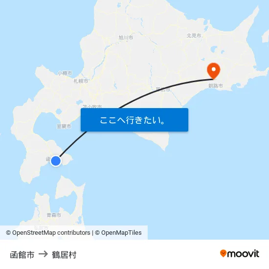 函館市 to 鶴居村 map
