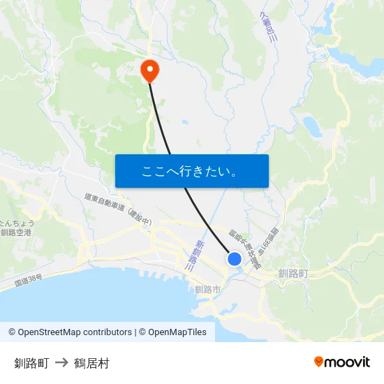 釧路町 to 鶴居村 map