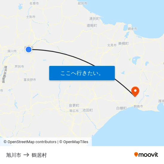 旭川市 to 鶴居村 map