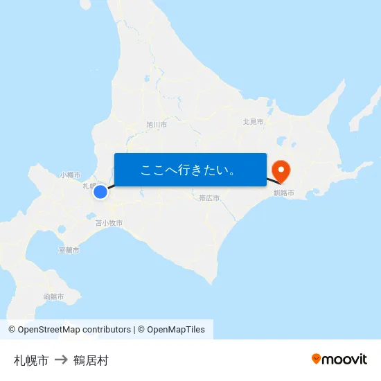 札幌市 to 鶴居村 map