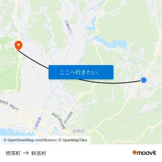 標茶町 to 鶴居村 map