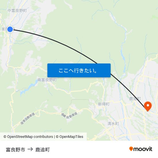 富良野市 to 鹿追町 map