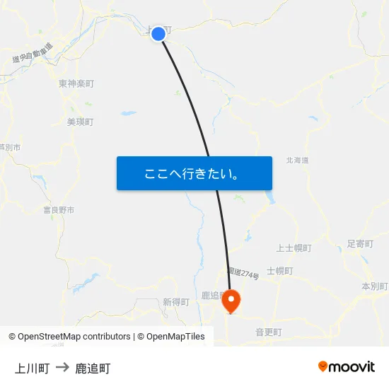 上川町 to 鹿追町 map