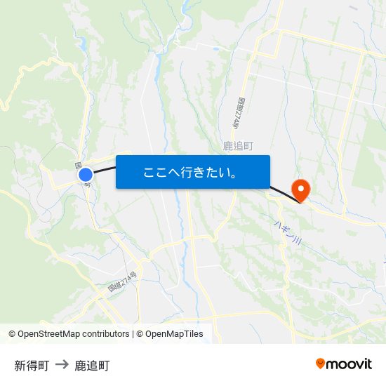 新得町 to 鹿追町 map