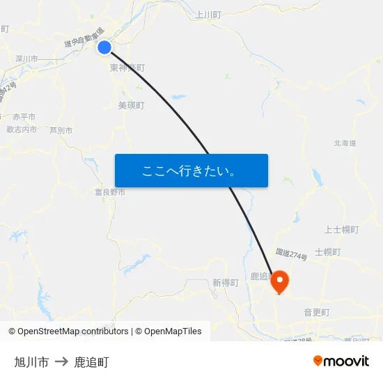 旭川市 to 鹿追町 map