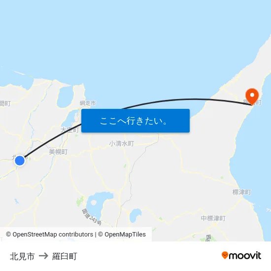 北見市 to 羅臼町 map