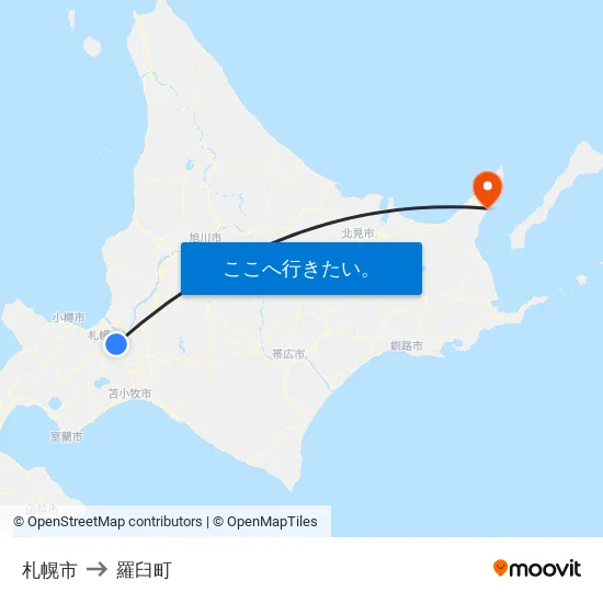札幌市 to 羅臼町 map