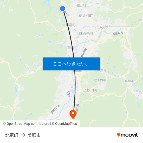 北竜町 to 美唄市 map