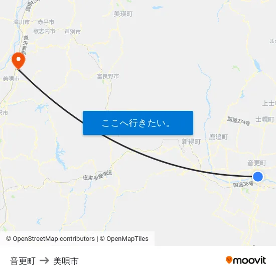 音更町 to 美唄市 map