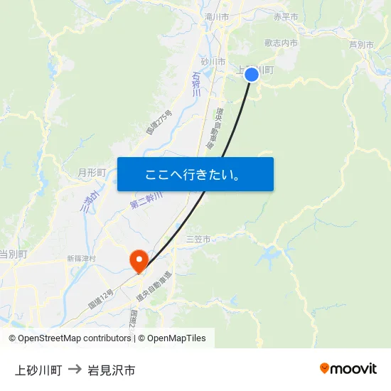 上砂川町 to 岩見沢市 map