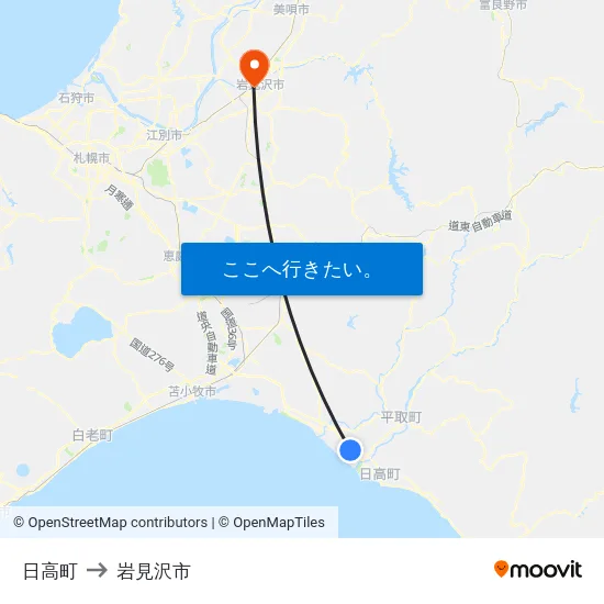 日高町 to 岩見沢市 map