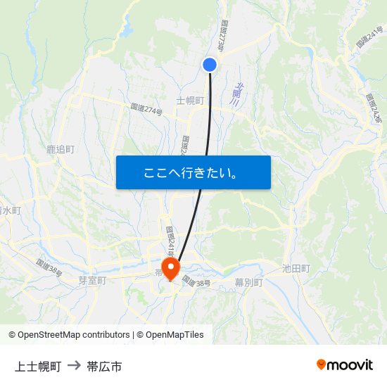 上士幌町 to 帯広市 map