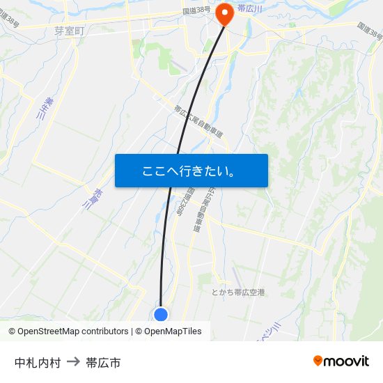 中札内村 to 帯広市 map