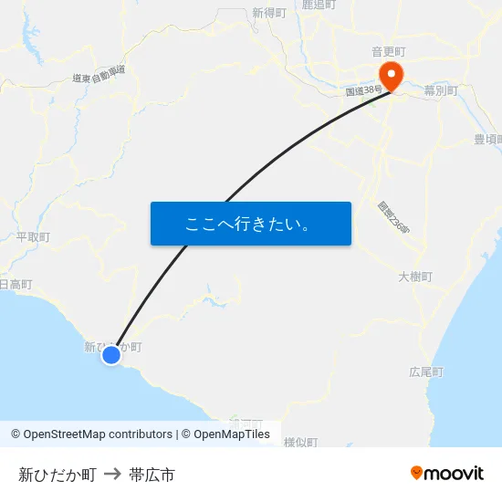 新ひだか町 to 帯広市 map