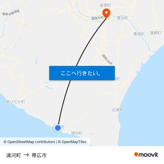 浦河町 to 帯広市 map