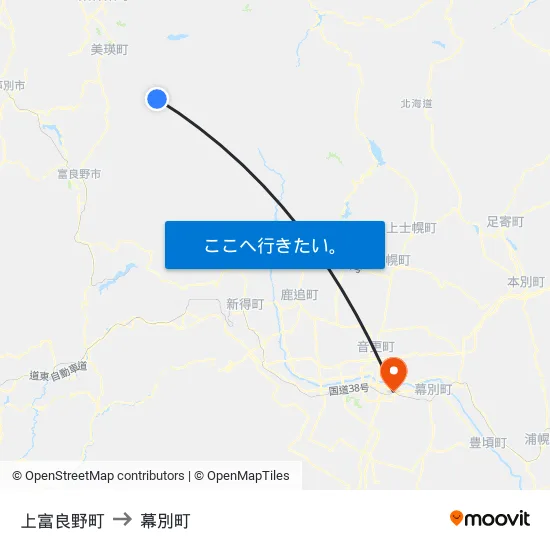 上富良野町 to 幕別町 map