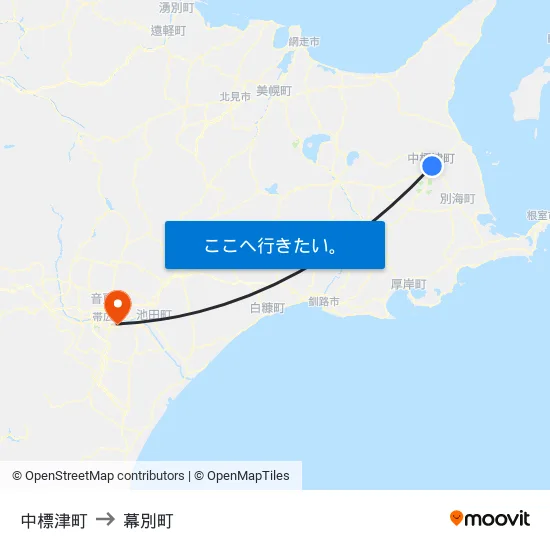 中標津町 to 幕別町 map