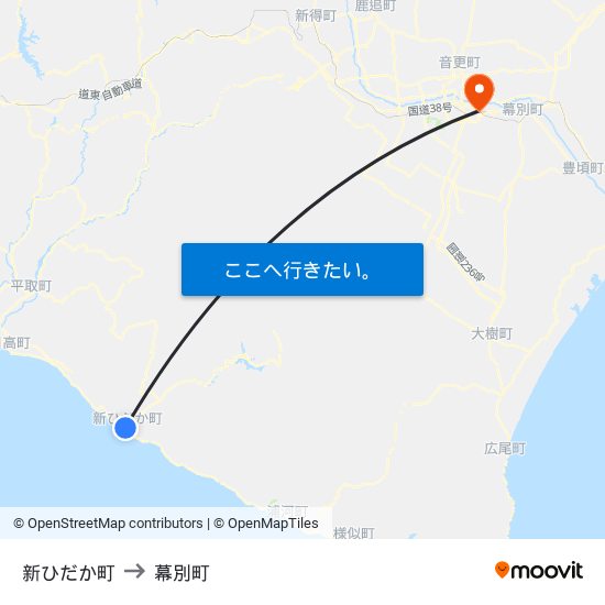 新ひだか町 to 幕別町 map