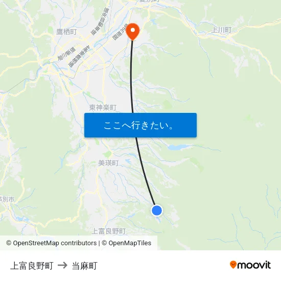上富良野町 to 当麻町 map