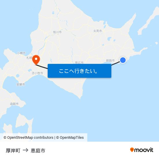 厚岸町 to 恵庭市 map