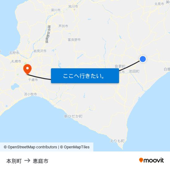 本別町 to 恵庭市 map