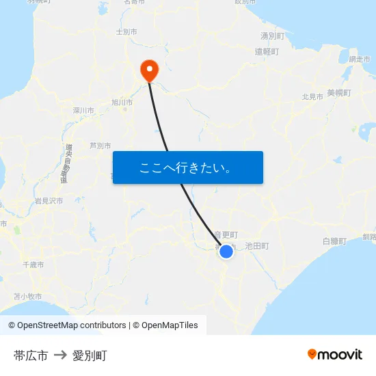 帯広市 to 愛別町 map