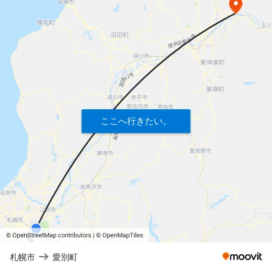 札幌市 to 愛別町 map