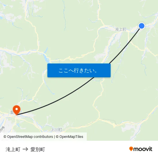 滝上町 to 愛別町 map