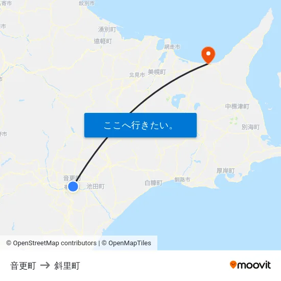 音更町 to 斜里町 map