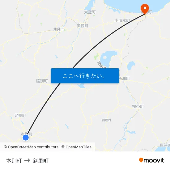 本別町 to 斜里町 map