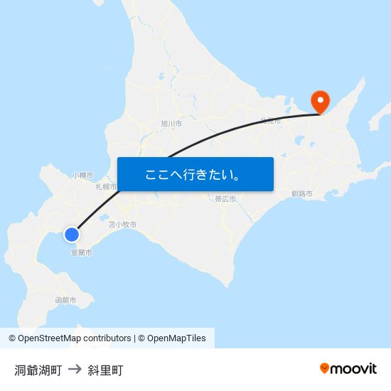 洞爺湖町 to 斜里町 map