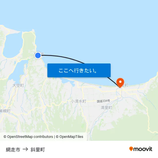 網走市 to 斜里町 map
