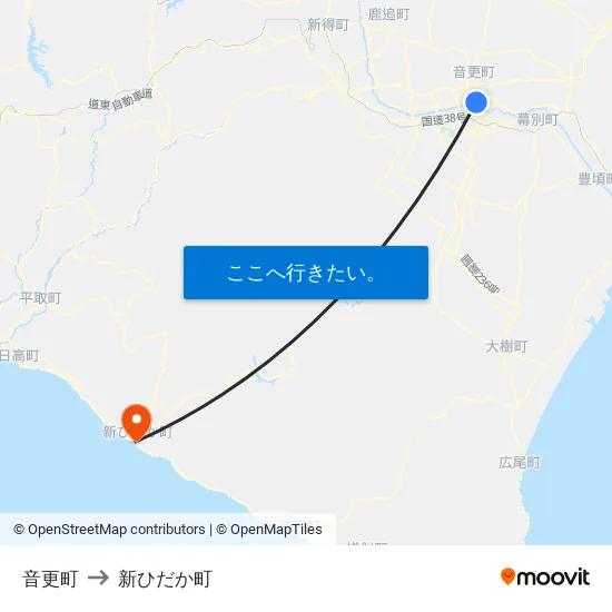 音更町 to 新ひだか町 map