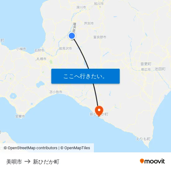 美唄市 to 新ひだか町 map