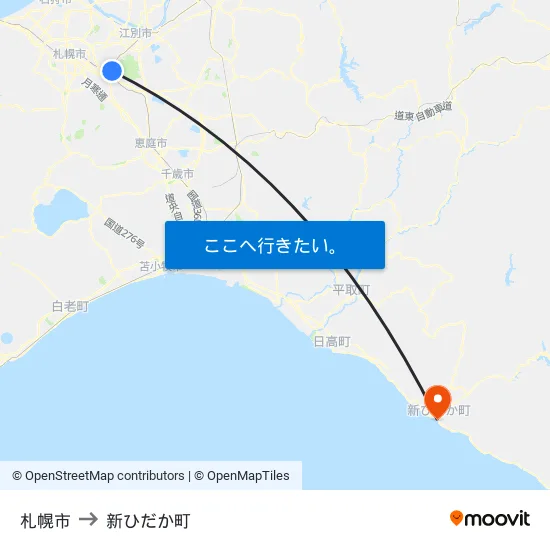 札幌市 to 新ひだか町 map