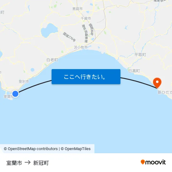 室蘭市 to 新冠町 map
