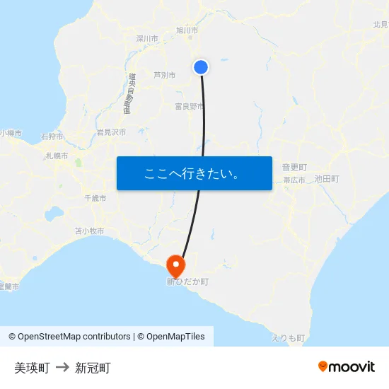 美瑛町 to 新冠町 map