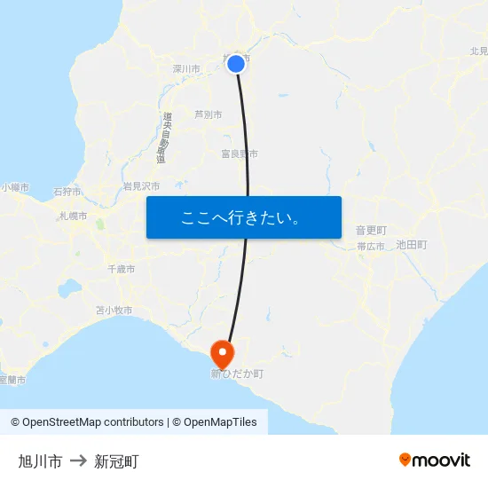 旭川市 to 新冠町 map